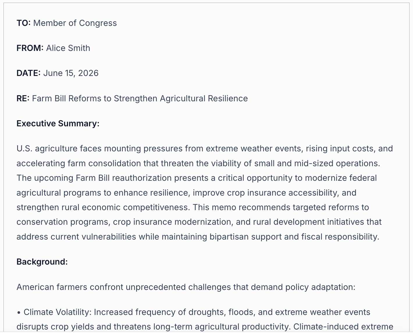 Congressional memo on Farm Bill reforms — generated by Studio with executive summary, background, and recommendations